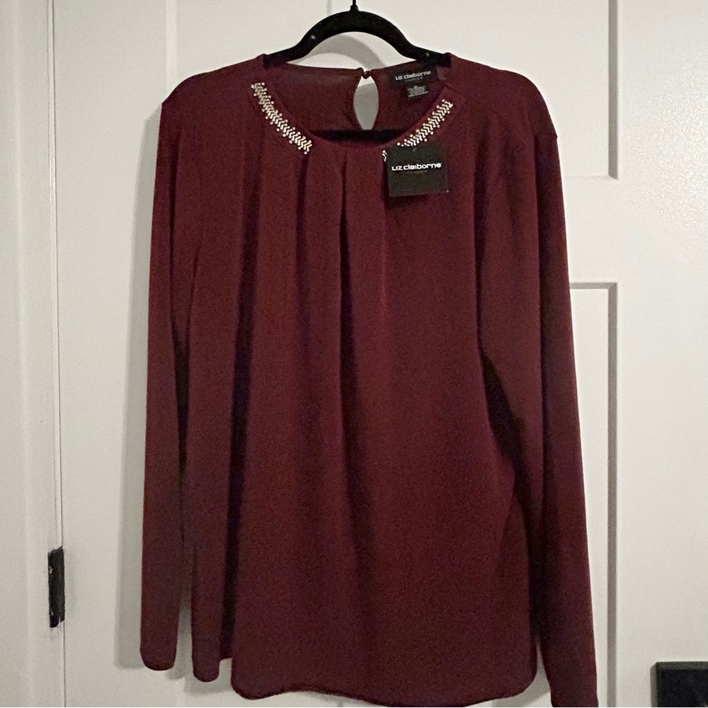 Liz Claiborne Maroon Blouse with Embellished Neckline